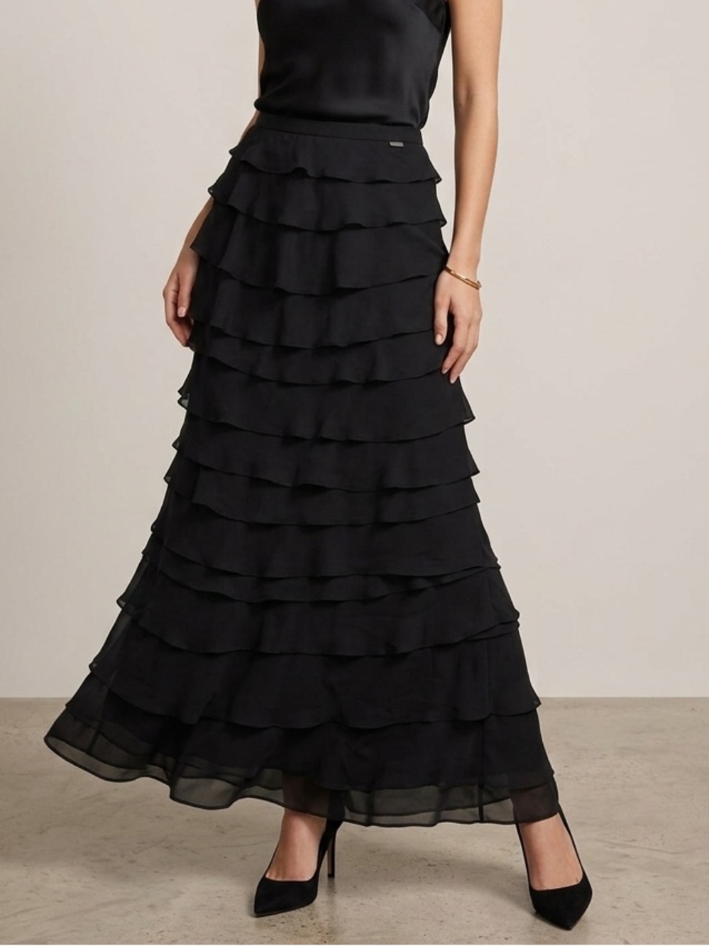 Adrianna Papell Black Tiered‎ Maxi Skirt Classic Women's Skirt Size 14 XL